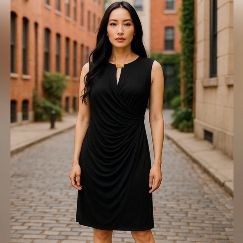 Lauren Ralph Lauren Essentials Black Faux Wrap Crossover Keyhole Dress Size 8